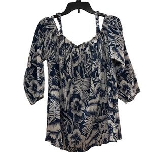 CHAPS Women's Shirt Sz XL NWT Sun Cafe‎ Blue White Off Schoulder